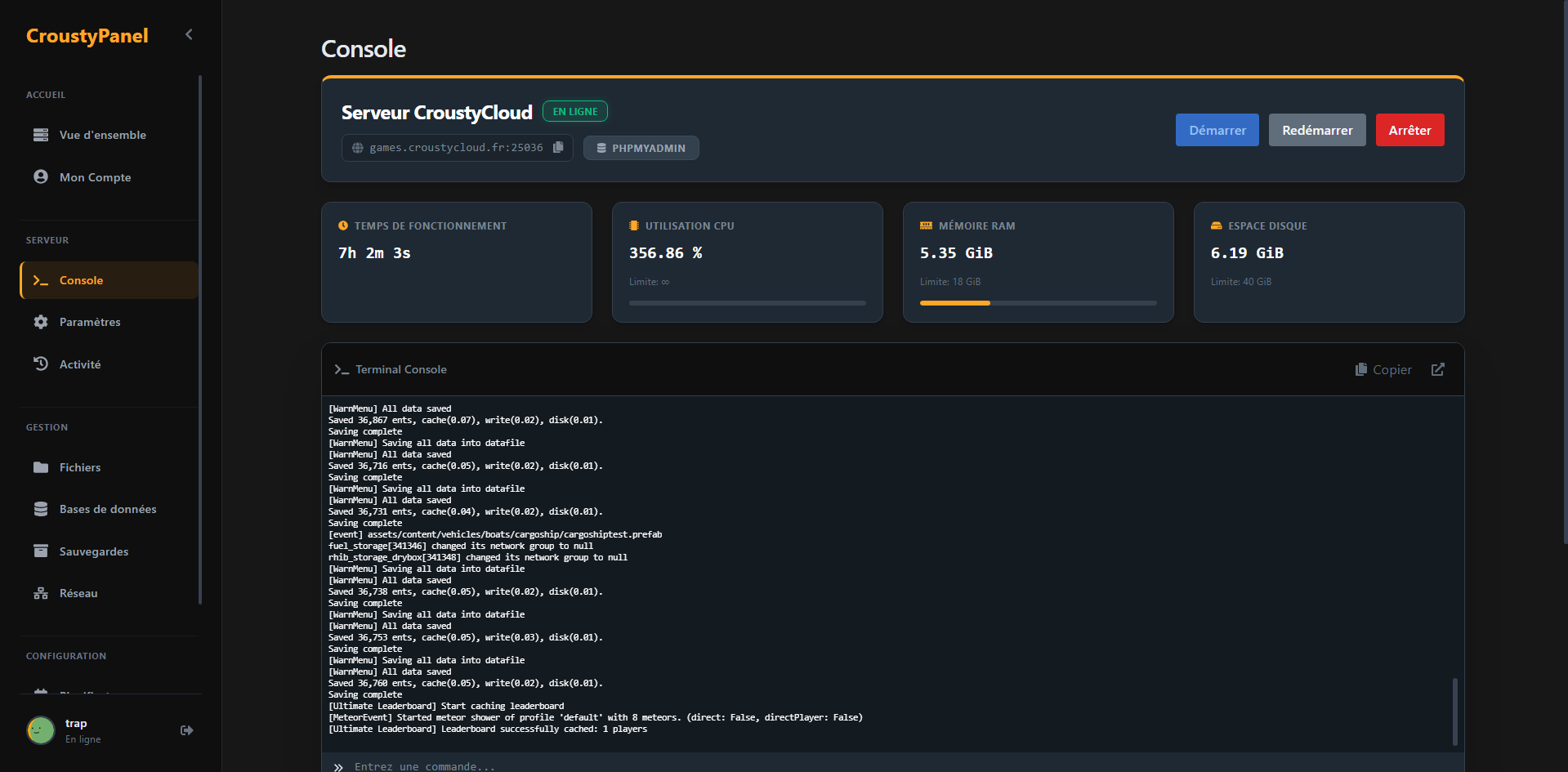 Aperçu du CroustyPanel : console d'un serveur Rust chez CroustyCloud