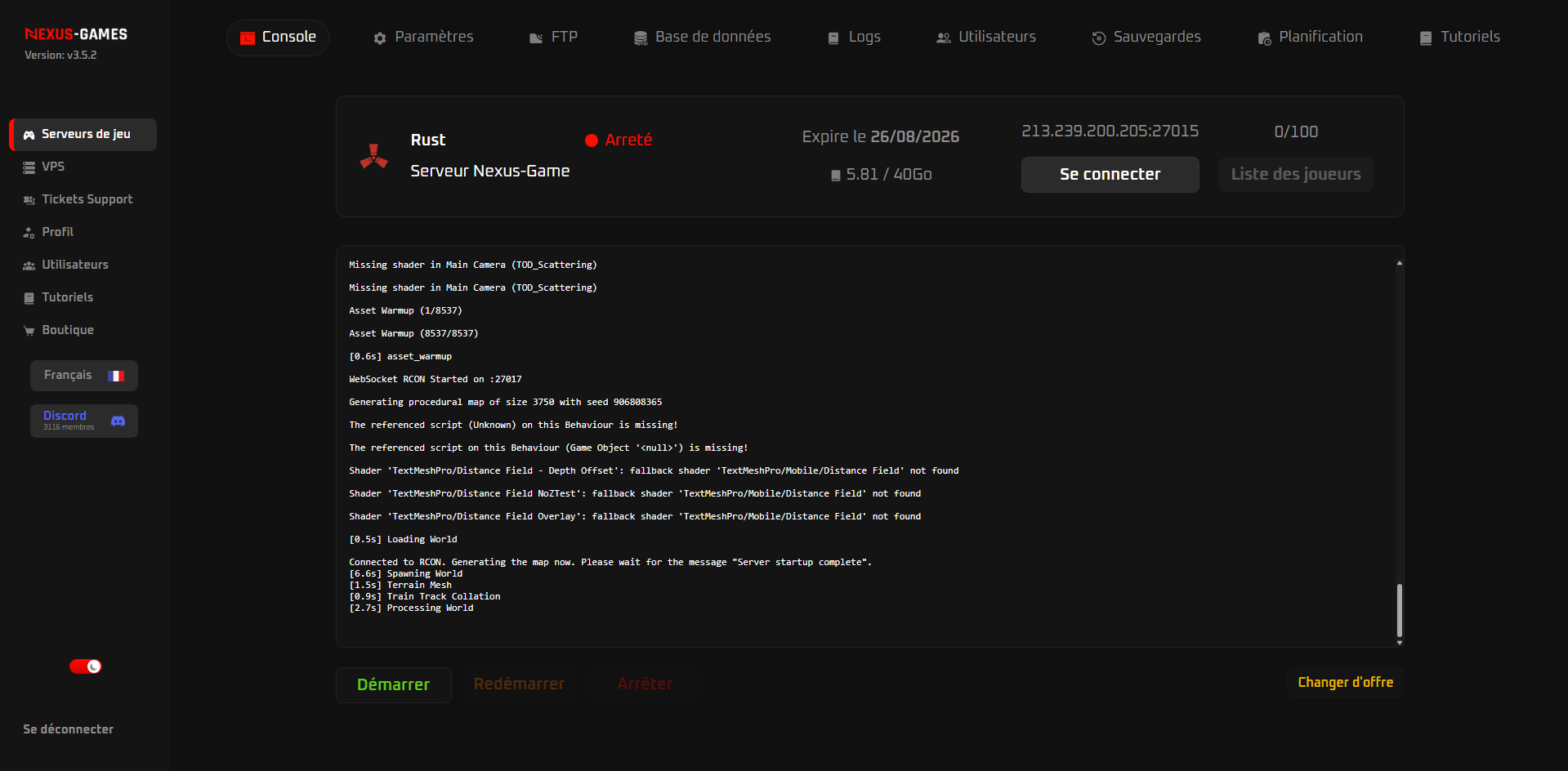 Aperçu du panel Nexus-Games : console d'un serveur Rust